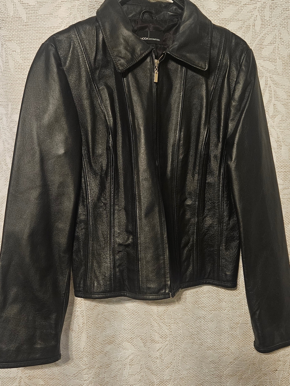 Moda International Black Leather Fitted Zip Jacket
